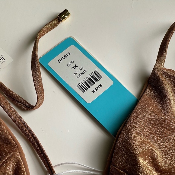 BEACH BUNNY RIVER TRI-RIVER Shimmering Brown Gold Bikini Top With Gold Charm - Picture 5 of 11